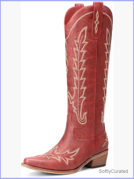 Shoes - Vintage Knee High Cowgirl Boots with Chunky Heel, Pointed Toe, Side Zipper